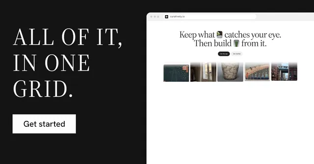 Social ad for Curatively: "All of it, in one grid." Split block style, browser layout, light palette in white, black.