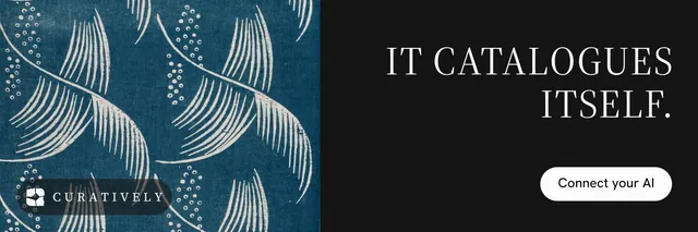 X header for Curatively: "It catalogues itself." Photo poster style, right layout, dark palette in black, blue, grey.