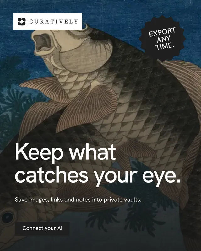 Instagram portrait post for Curatively: "Keep what catches your eye." Swiss style, sticker layout, dark palette in black, grey, blue.