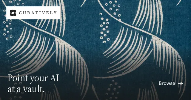 Social ad for Curatively: "Point your AI at a vault." Minimal luxury style, image led layout, dark palette in blue, grey.