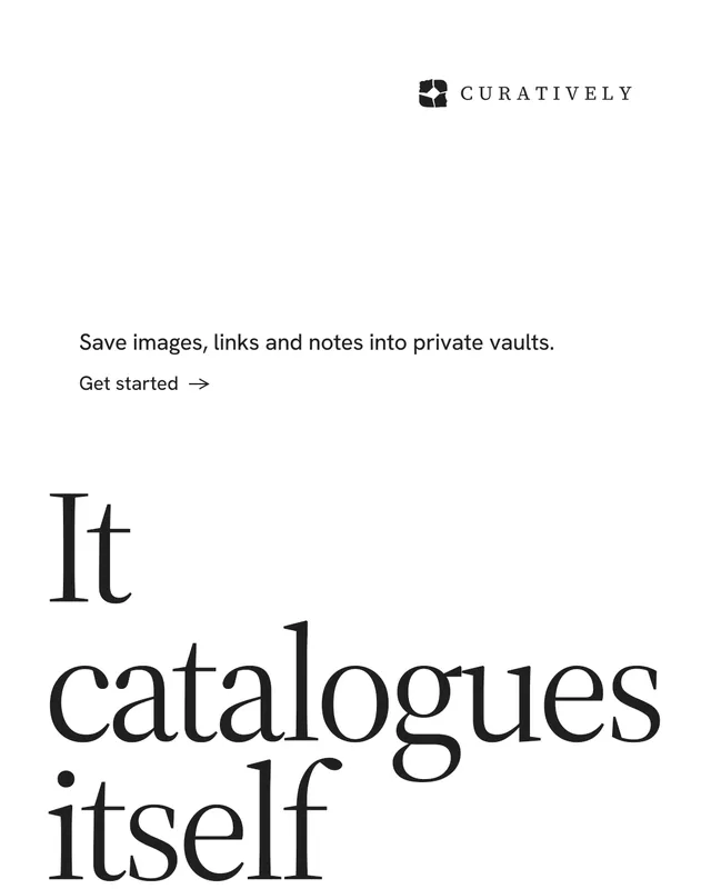 Instagram portrait post for Curatively: "Keep what catches your eye." Minimal luxury style, oversized layout, light palette in white.