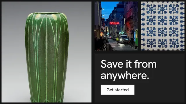 Landscape graphic for Curatively: "Save it from anywhere." Swiss style, collage layout, dark palette in grey, black.