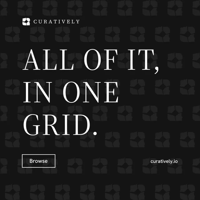 Instagram post for Curatively: "All of it, in one grid." Editorial style, poster layout, dark palette in black.