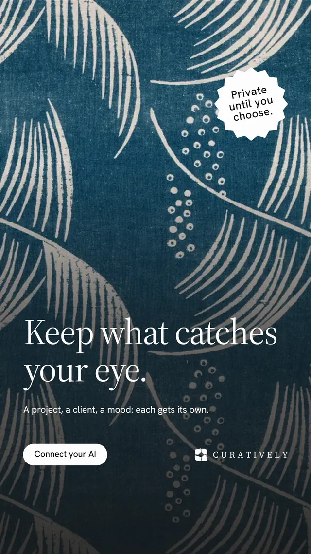 Instagram story for Curatively: "Keep what catches your eye." Photo poster style, sticker layout, dark palette in blue, grey.