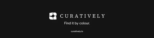 LinkedIn banner for Curatively: "Find it by colour." Editorial style, end card layout, dark palette in black.