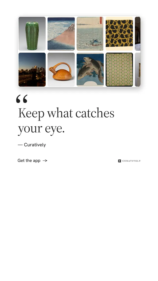 Instagram story for Curatively: "Keep what catches your eye." Minimal luxury style, quote layout, light palette in white, grey.