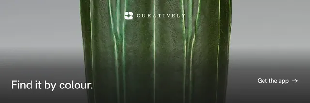 X header for Curatively: "Find it by colour." Photo poster style, image led layout, dark palette in grey, black.