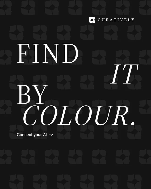 Instagram portrait post for Curatively: "Find it by colour." Minimal luxury style, stacked layout, dark palette in black, grey.