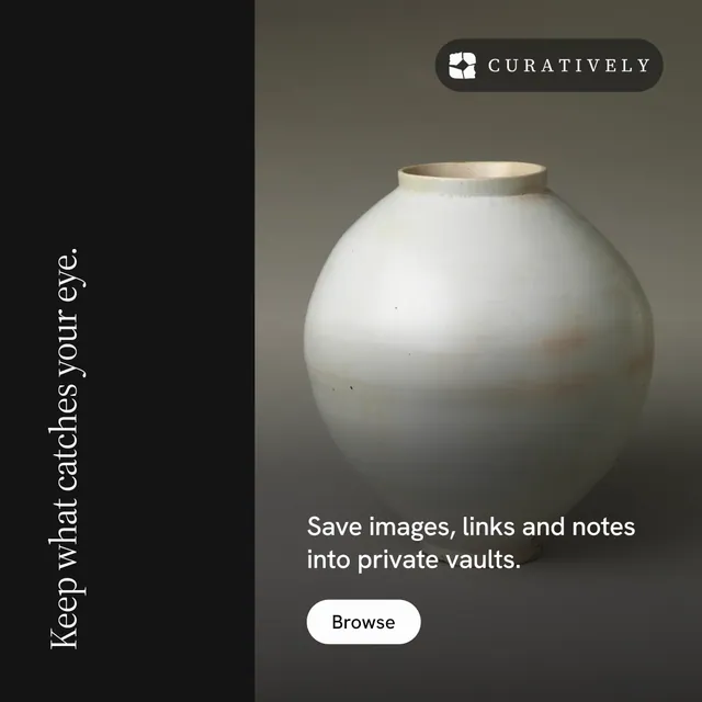 Instagram post for Curatively: "Keep what catches your eye." Photo poster style, vertical layout, dark palette in grey, black.