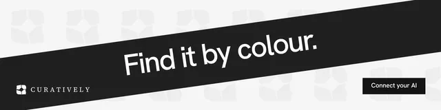 LinkedIn banner for Curatively: "Find it by colour." Swiss style, diagonal layout, light palette in white, black, grey.