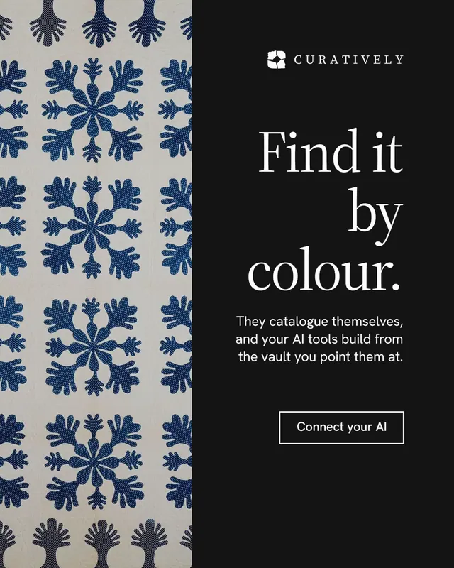 Instagram portrait post for Curatively: "Find it by colour." Editorial style, right layout, dark palette in black, grey.