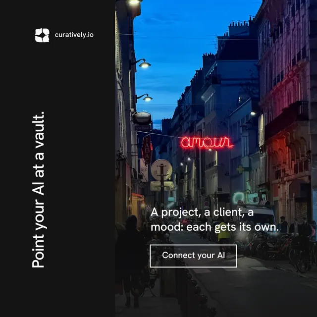 Instagram post for Curatively: "Point your AI at a vault." Editorial style, vertical layout, dark palette in black, blue.