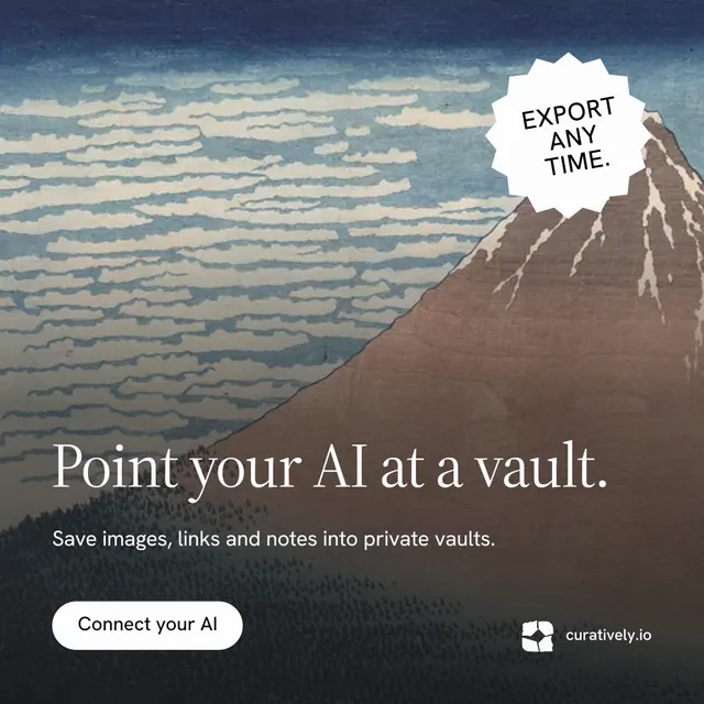 Instagram post for Curatively: "Point your AI at a vault." Photo poster style, sticker layout, dark palette in black, grey, white.