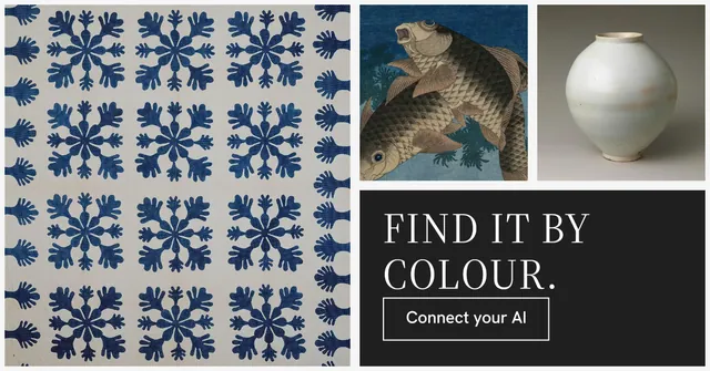 Social ad for Curatively: "Find it by colour." Editorial style, collage layout, light palette in grey, black, white.