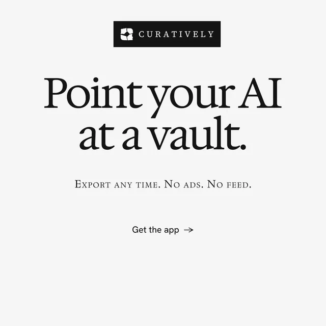 Instagram post for Curatively: "Point your AI at a vault." Swiss style, smallcaps layout, light palette in white, grey.