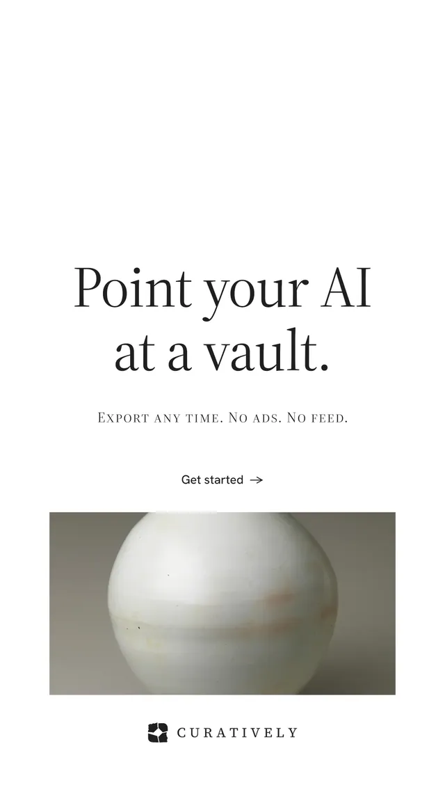 Instagram story for Curatively: "Point your AI at a vault." Minimal luxury style, smallcaps layout, light palette in white, grey.