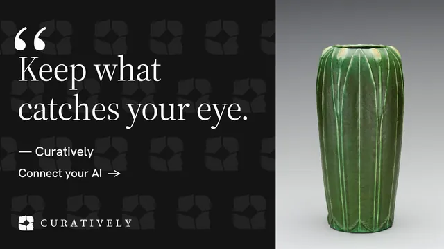Landscape graphic for Curatively: "Keep what catches your eye." Minimal luxury style, quote layout, dark palette in black, grey.