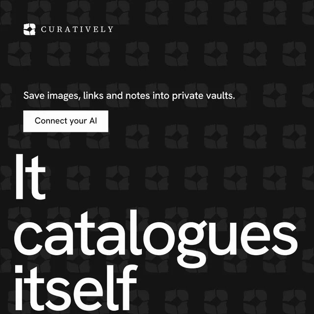 Instagram post for Curatively: "Keep what catches your eye." Swiss style, oversized layout, dark palette in black, grey.