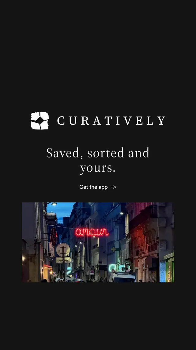 Instagram story for Curatively: "Saved, sorted and yours." Minimal luxury style, logo hero layout, dark palette in black.