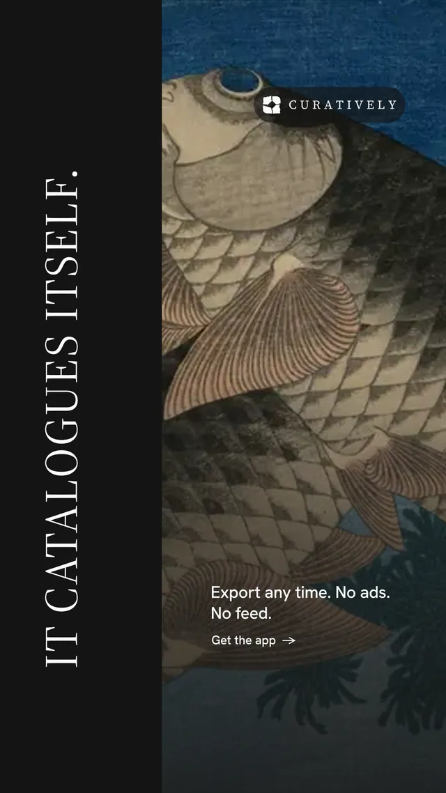 Instagram story for Curatively: "It catalogues itself." Minimal luxury style, vertical layout, dark palette in black, grey.