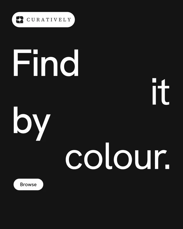 Instagram portrait post for Curatively: "Find it by colour." Photo poster style, stacked layout, dark palette in black, white.