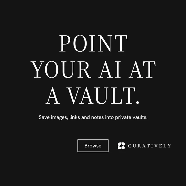 Instagram post for Curatively: "Point your AI at a vault." Editorial style, centred layout, dark palette in black, grey.