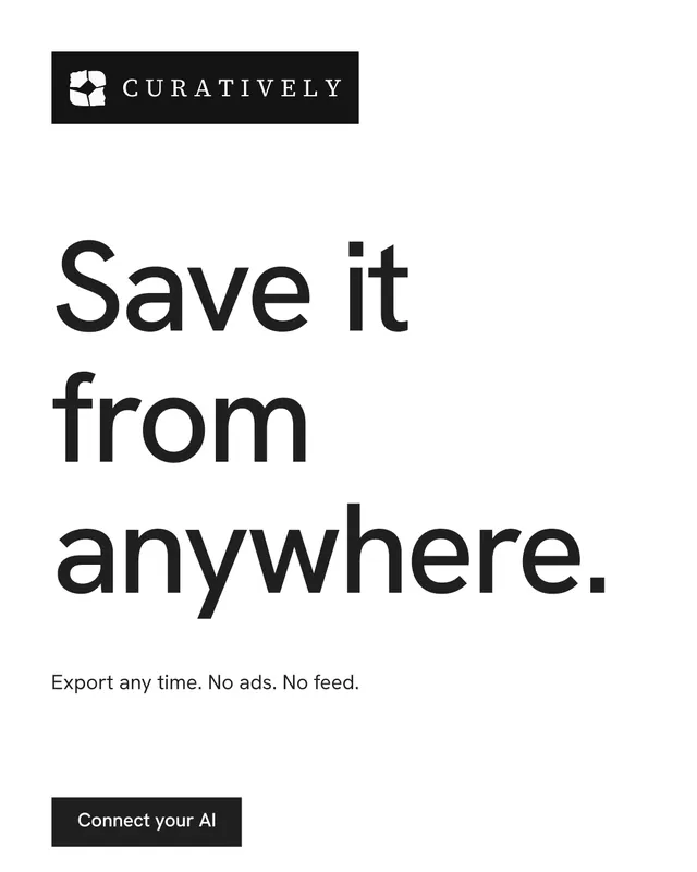 Instagram portrait post for Curatively: "Save it from anywhere." Swiss style, announce layout, light palette in white, black.