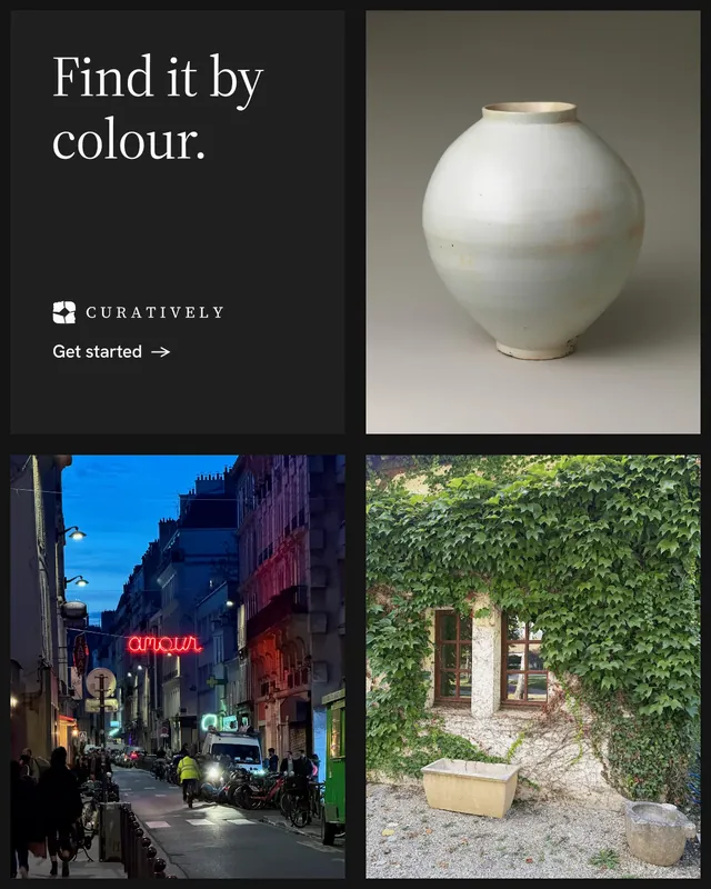 Instagram portrait post for Curatively: "Find it by colour." Minimal luxury style, collage layout, dark palette in grey, black.
