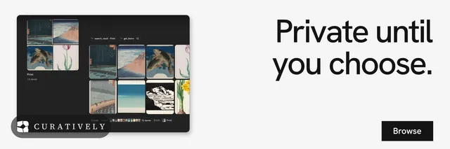 X header for Curatively: "Private until you choose." Swiss style, right layout, light palette in white, black, grey.