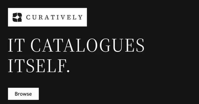 Social ad for Curatively: "It catalogues itself." Split block style, announce layout, dark palette in black, white.