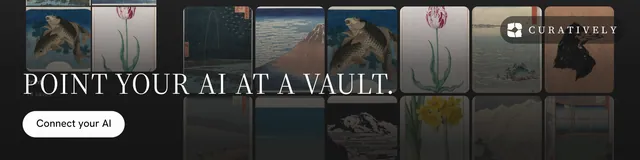 LinkedIn banner for Curatively: "Point your AI at a vault." Photo poster style, skeleton layout, dark palette in black, grey.