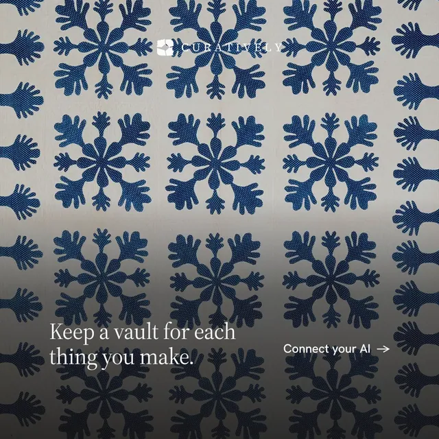 Instagram post for Curatively: "Keep a vault for each thing you make." Minimal luxury style, image led layout, dark palette in grey, blue.