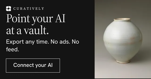 Social ad for Curatively: "Point your AI at a vault." Editorial style, skeleton layout, dark palette in black, grey.