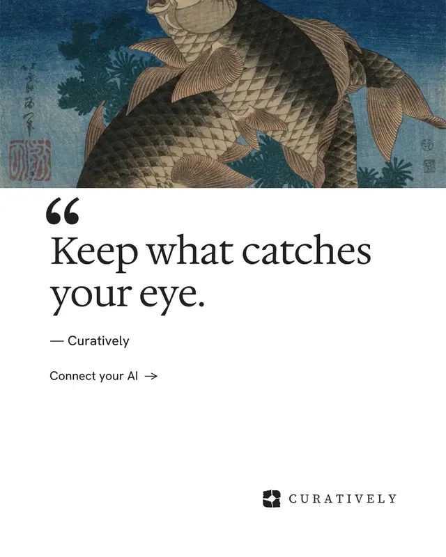 Instagram portrait post for Curatively: "Saved, sorted and yours." Minimal luxury style, quote layout, light palette in white, grey, blue.