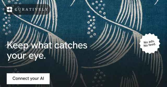 Social ad for Curatively: "Keep what catches your eye." Split block style, sticker layout, dark palette in blue, grey.