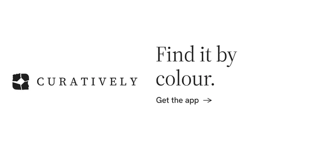 Social ad for Curatively: "Find it by colour." Minimal luxury style, logo hero layout, light palette in white.