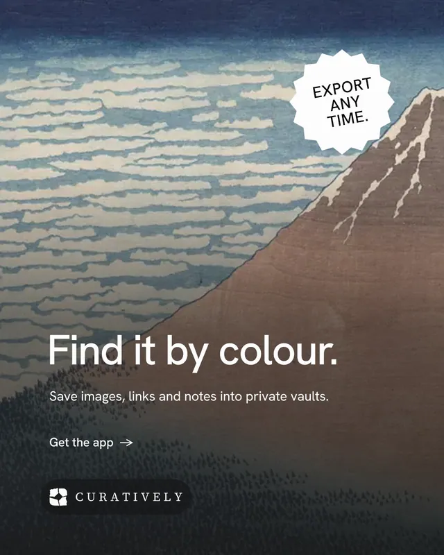 Instagram portrait post for Curatively: "Find it by colour." Minimal luxury style, sticker layout, dark palette in grey, black.