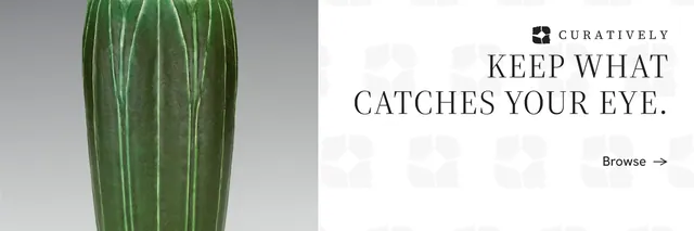 X header for Curatively: "Keep what catches your eye." Minimal luxury style, right layout, light palette in white, grey.