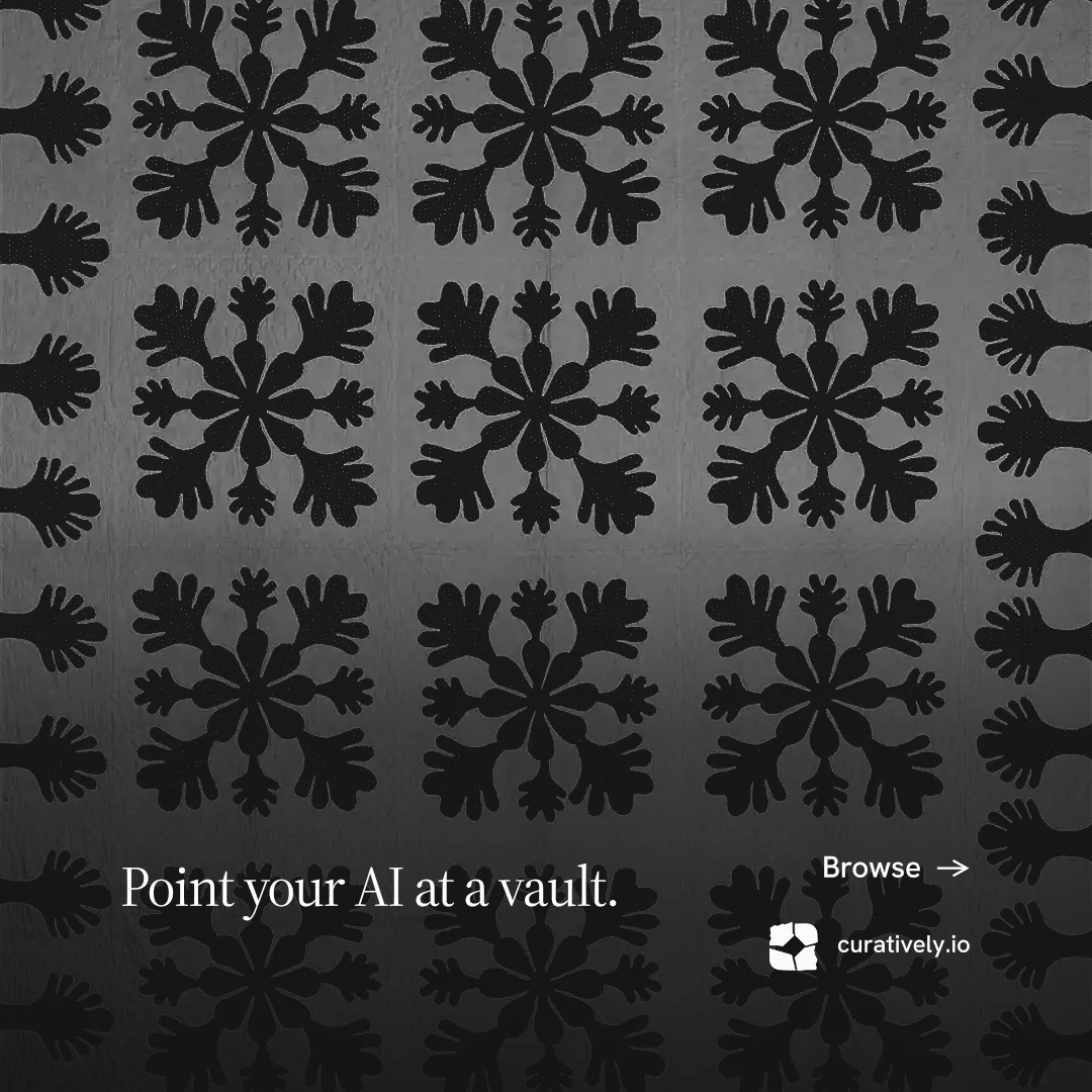 Instagram post for Curatively: "Point your AI at a vault." Editorial style, image led layout, dark palette in grey, black.