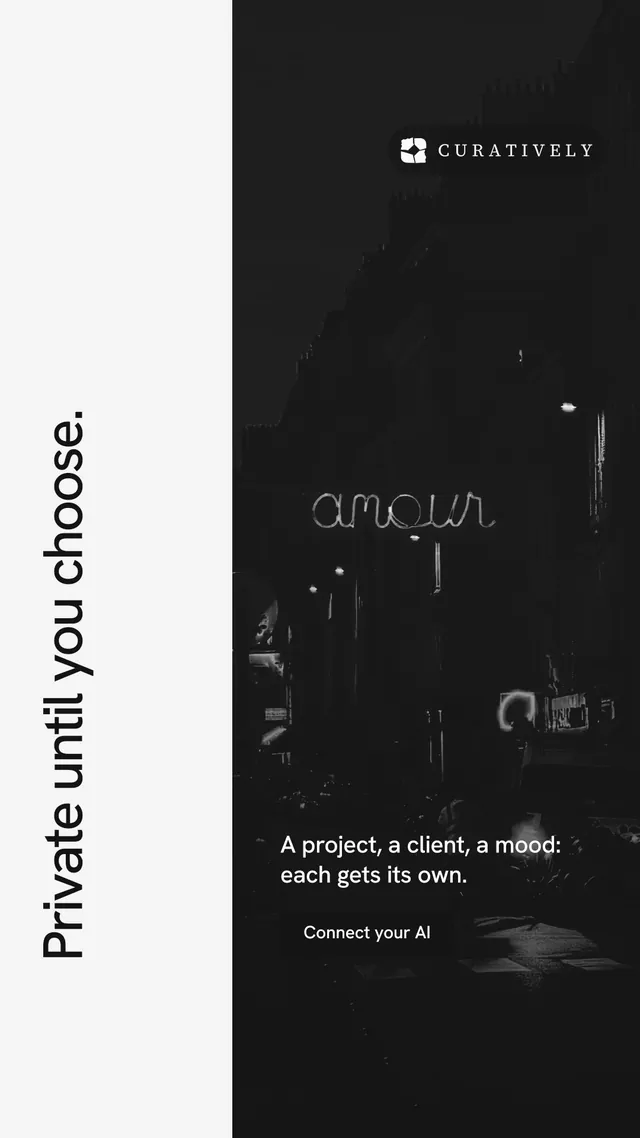 Instagram story for Curatively: "Private until you choose." Swiss style, vertical layout, dark palette in black, white, grey.
