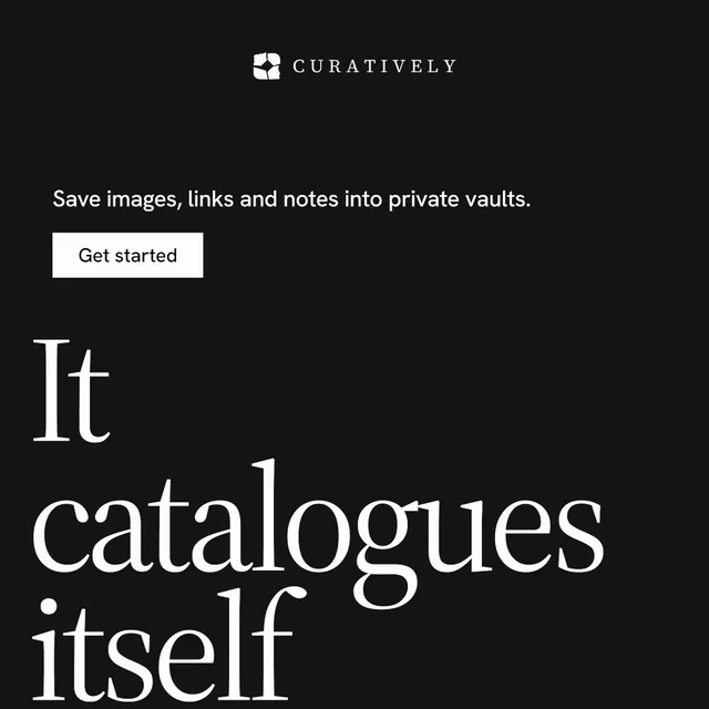 Instagram post for Curatively: "Saved, sorted and yours." Split block style, oversized layout, dark palette in black, grey.