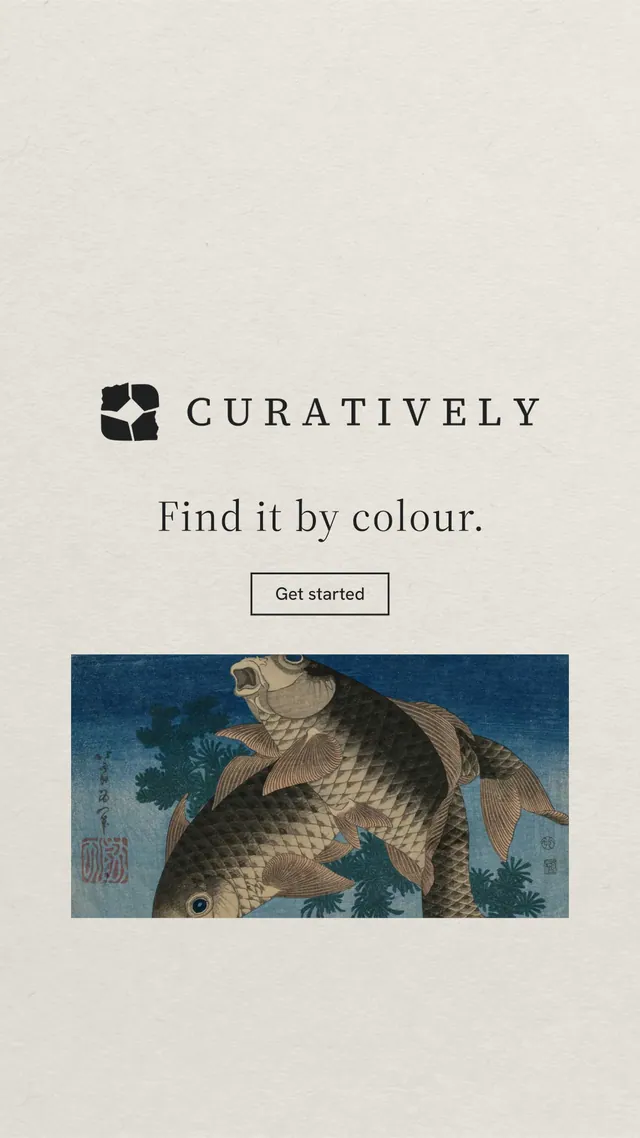 Instagram story for Curatively: "Find it by colour." Editorial style, logo hero layout, light palette in white, orange, grey.