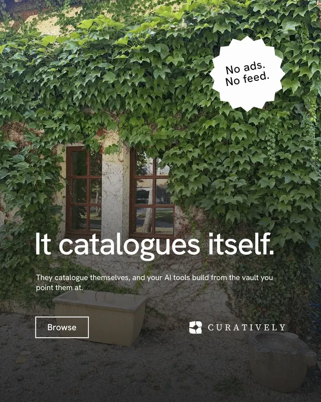 Instagram portrait post for Curatively: "It catalogues itself." Editorial style, sticker layout, dark palette in black, grey.