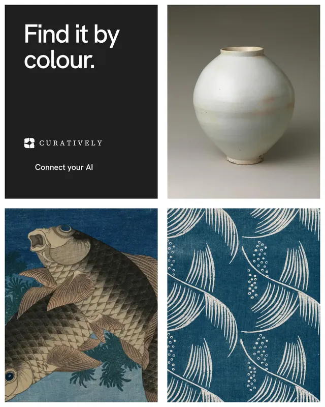 Instagram portrait post for Curatively: "Find it by colour." Swiss style, collage layout, dark palette in teal, grey, black.