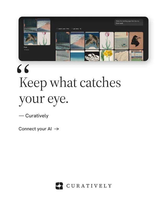 Instagram portrait post for Curatively: "Keep a vault for each thing you make." Minimal luxury style, quote layout, light palette in white, black, grey.