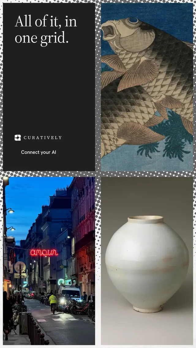 Instagram story for Curatively: "All of it, in one grid." Split block style, collage layout, dark palette in grey, black, blue.