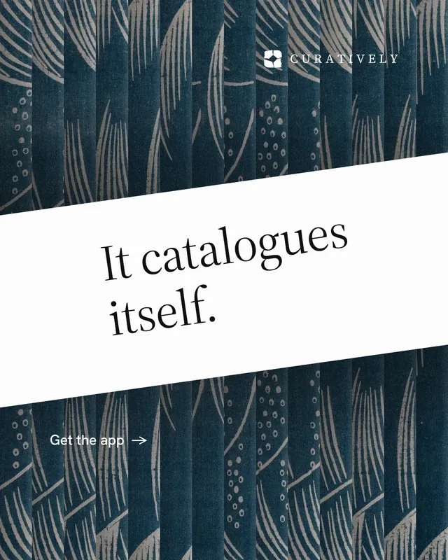 Instagram portrait post for Curatively: "It catalogues itself." Minimal luxury style, diagonal layout, light palette in blue, white, grey.