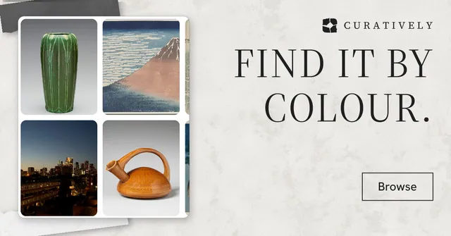 Social ad for Curatively: "Find it by colour." Editorial style, right layout, light palette in white, grey.