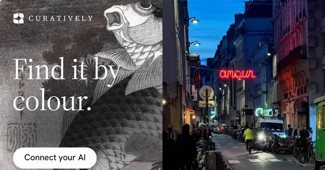 Social ad for Curatively: "Find it by colour." Photo poster style, bottom layout, dark palette in black, grey, blue.
