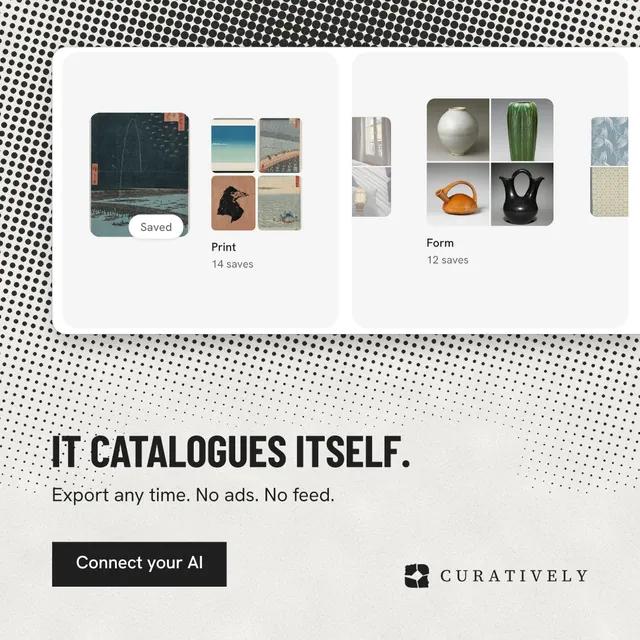 Instagram post for Curatively: "It catalogues itself." Retro print style, bottom layout, light palette in white, grey.